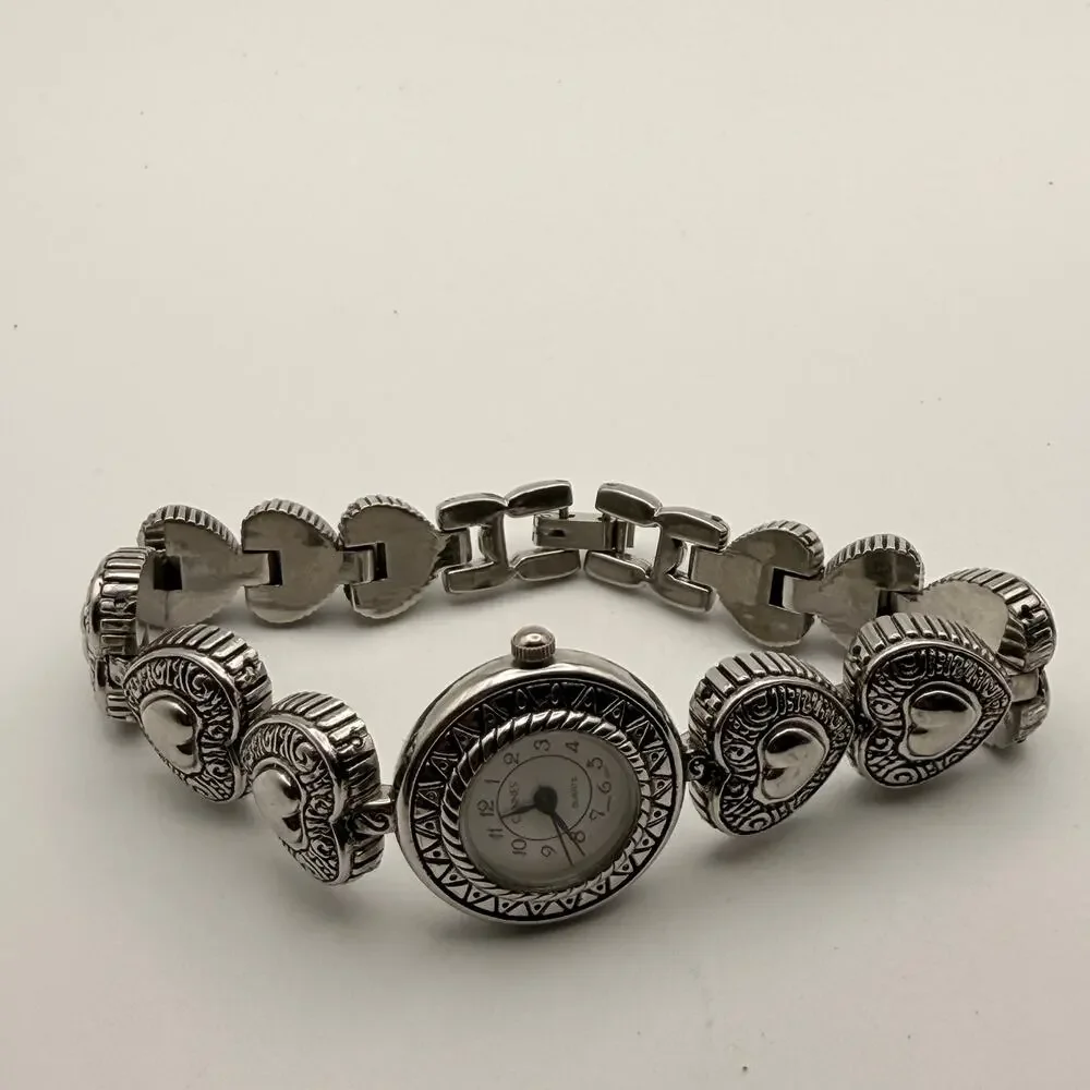Cannes Quartz Western Style Filigree Heart Medallion Bracelet Watch New Battery